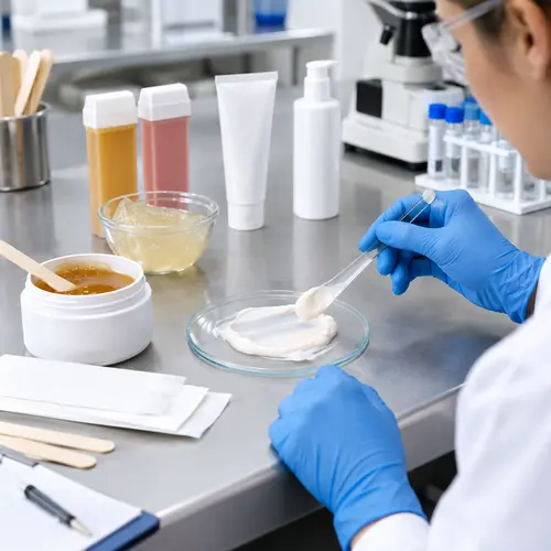 Depilatory cream sample texture and wax consistency review in a formulation lab