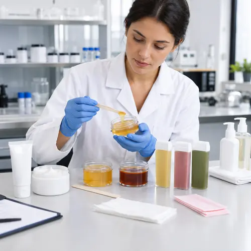 Technician reviewing depilatory cream and wax samples for OEM formulation approval