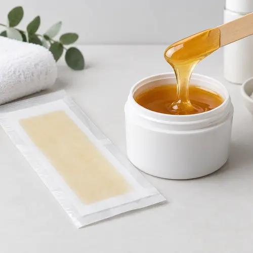 Private label wax strips beside hot wax texture in a studio product comparison