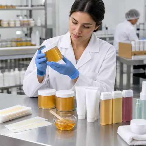 Hair-removal product sample review with hot wax jars, depilatory cream tubes, and roll-on cartridges