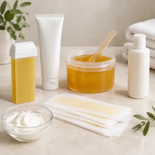 Depilatory cream, wax strips, sugar wax, and aftercare products compared in a clean studio setting