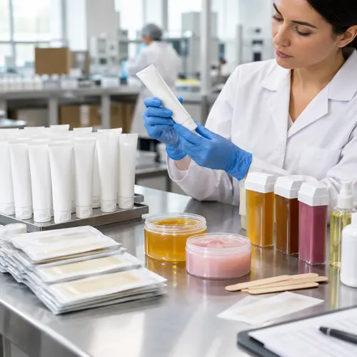 Quality inspection of depilatory cream tubes, wax strip packaging, wax jars, and roll-on cartridges