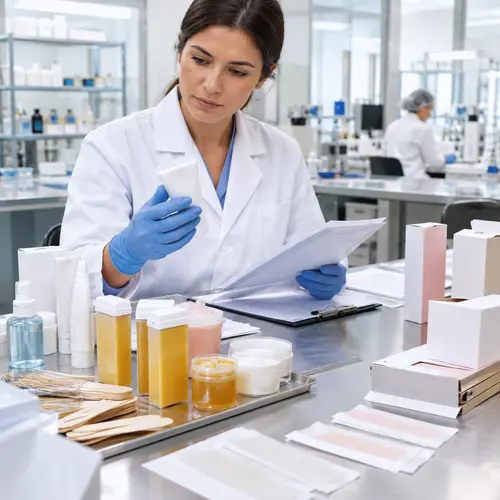 Auditor reviewing depilatory cream samples and batch records in a hair removal product laboratory