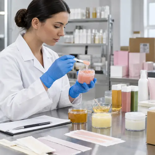 Quality technician reviewing depilatory cream texture and wax retained samples during stability testing