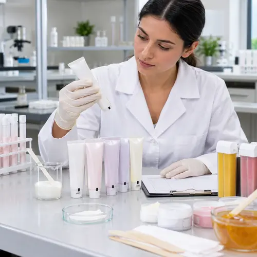 Depilatory cream sample review in final packaging at a hair removal manufacturing laboratory