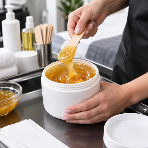 Sugar wax jar packaging opened for salon spatula dispensing and texture review