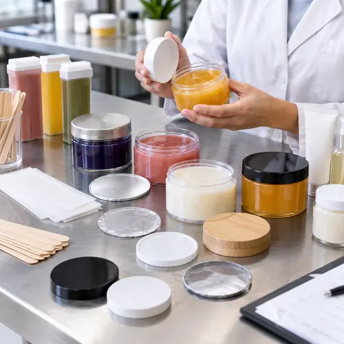 Wax jar packaging compatibility review with lids liners labels and filled hair-removal wax samples