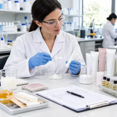 Depilatory cream sample review with packaging and formulation records in a cosmetic laboratory