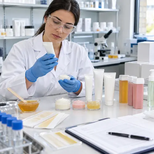 Quality technician reviewing depilatory cream texture and tube packaging compatibility