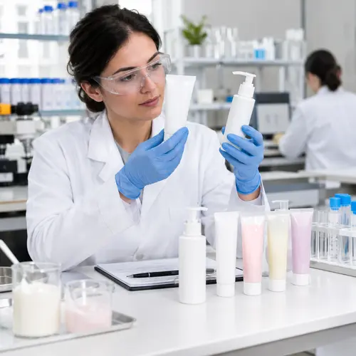 Depilatory cream sample and packaging compatibility review in a cosmetics laboratory