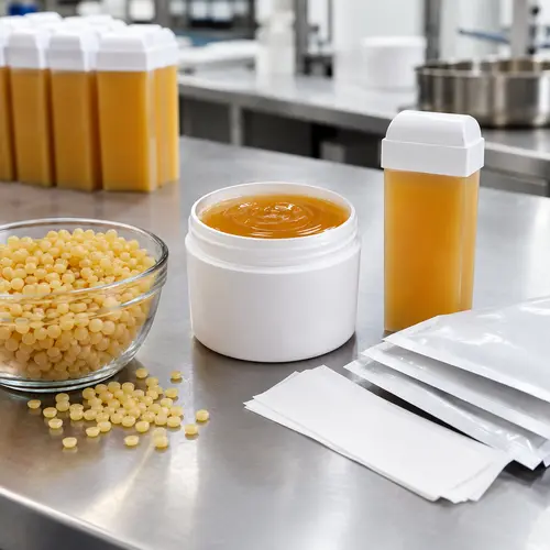 Private label wax packaging samples including wax strips, hot wax jar, wax beads, and roll-on cartridge