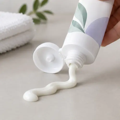 Depilatory cream sample dispensing from barrier tube packaging