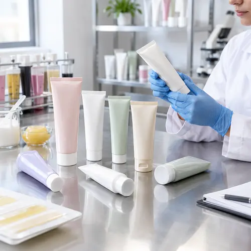 Filled depilatory cream tubes undergoing packaging compatibility review