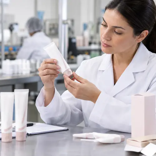 QC inspection of finished depilatory cream tube and carton packaging
