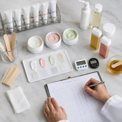 Sensitive skin depilatory cream samples prepared for texture and performance review