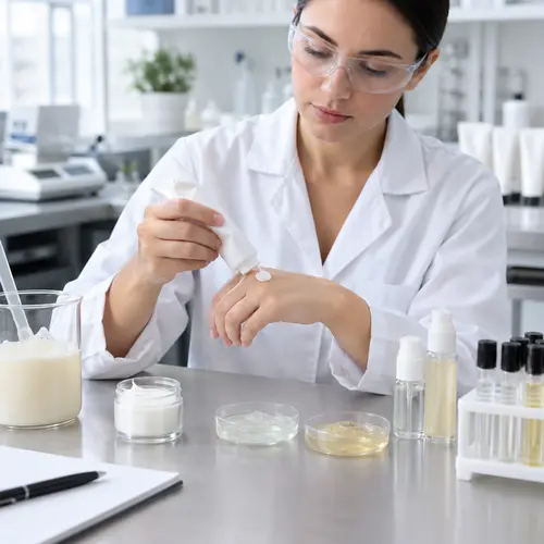 Depilatory cream sample review with post hair removal serum in a cosmetic lab
