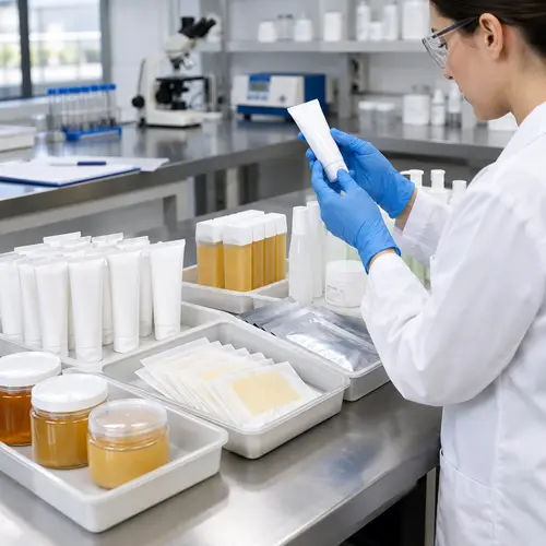 Hair removal product packaging and formula samples during lab stability review
