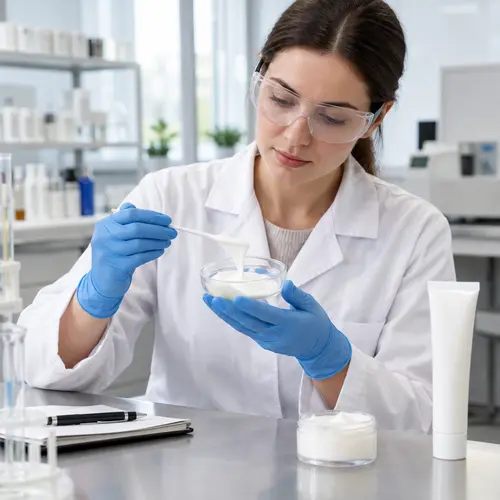 Depilatory cream sample texture review in a cosmetic formulation lab