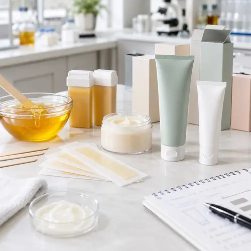 Depilatory cream, wax strips, and aftercare samples reviewed for a DTC hair removal product line