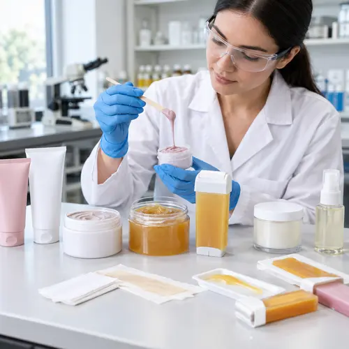 Laboratory technician reviewing depilatory cream and wax sample texture beside hair removal packaging