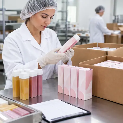 Quality control inspection of roll-on wax cartridges and hair removal product cartons before shipment