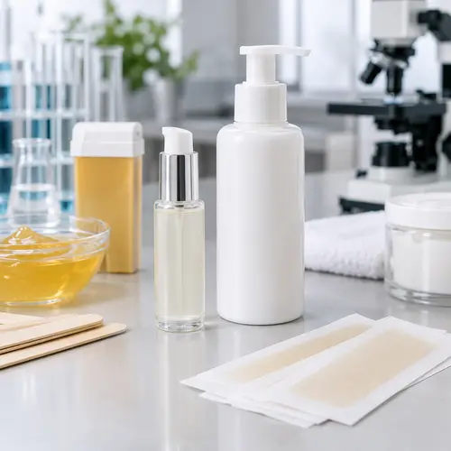 Hair inhibitor serum and post-depilation lotion samples beside wax strips