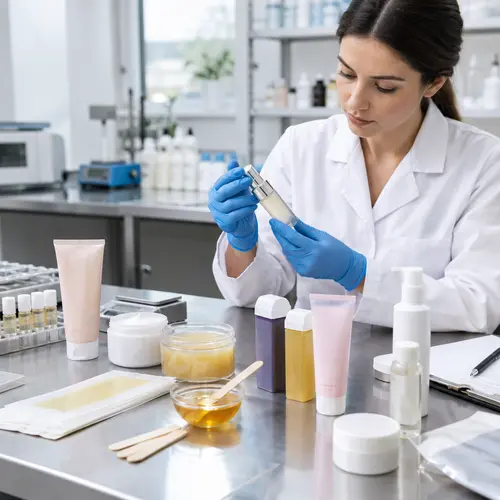 Laboratory technician reviewing hair-removal serum, depilatory cream, and wax packaging samples