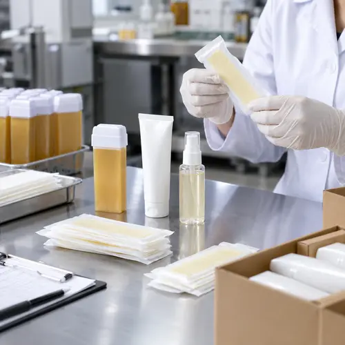 Quality-control inspection of wax strips, roll-on wax cartridge, depilatory cream, and aftercare serum packaging