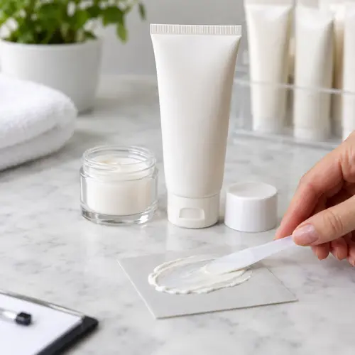 Depilatory cream sample review showing spread texture and packaging components