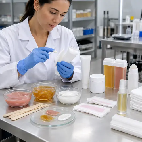 Hair removal cream and wax sample review beside final packaging in an OEM manufacturing setting