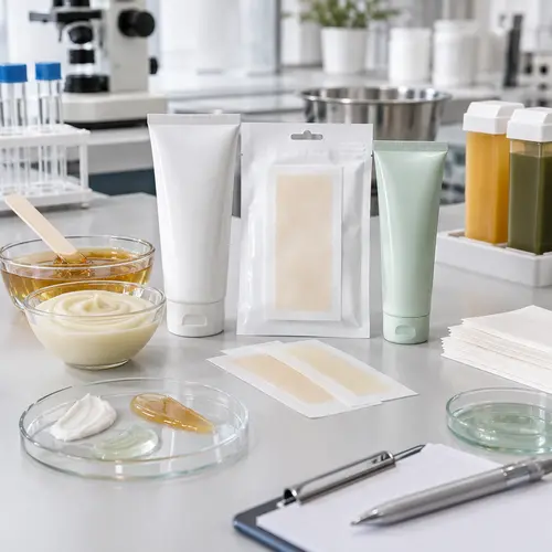 Depilatory cream, wax strip, and aftercare product bundle samples under private-label product review