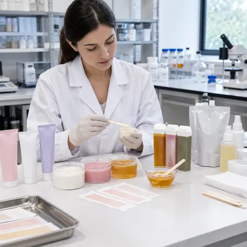 Technician reviewing depilatory cream and wax samples for formula and packaging compatibility