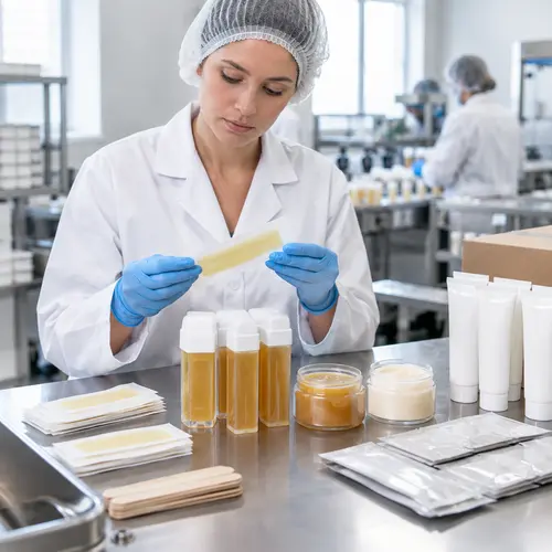 QC inspection of wax strips, roll-on cartridges, and aftercare packaging