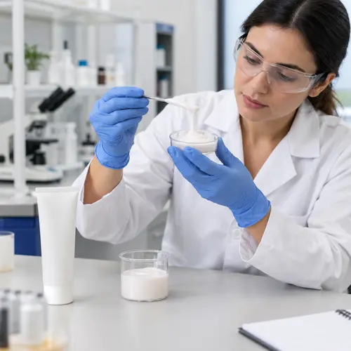 Depilatory cream sample texture review in a cosmetic formulation lab