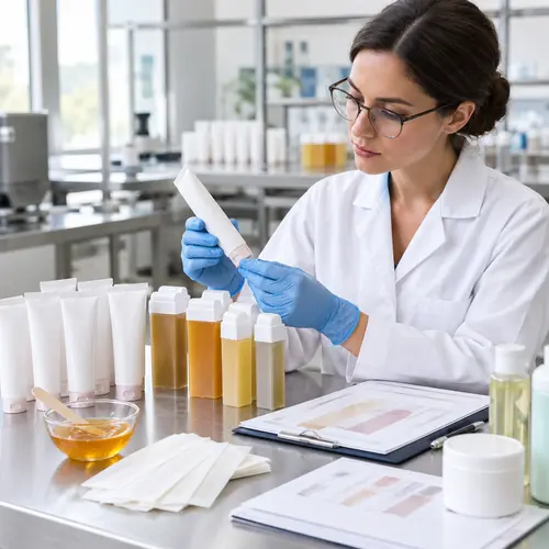 Depilatory cream and roll-on wax packaging sample review in a cosmetics laboratory