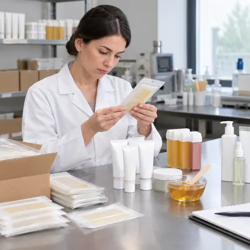 QC inspection of wax strips, depilatory cream, and aftercare kit packaging
