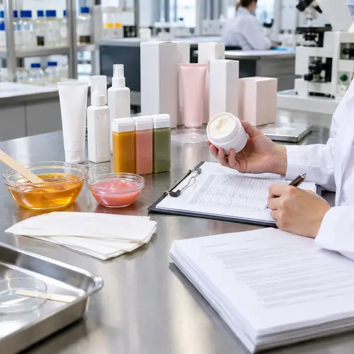 Depilatory cream sample and compliance document review in a cosmetic laboratory