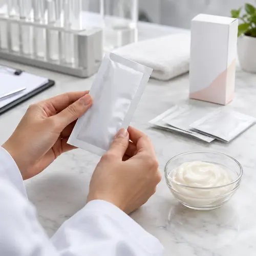 Depilatory cream sachet sample review showing cream texture and retail packaging