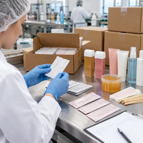Hair removal product quality inspection of sachets and wax packaging before shipment