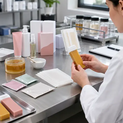OEM review of depilatory cream sachets, wax strips, and roll-on wax cartridge packaging
