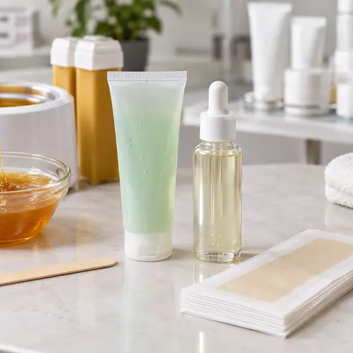 After-depilation care gel and hair inhibitor serum reviewed beside wax strips