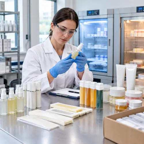 Quality-control inspection of aftercare bottles, serum pumps, wax strips, and roll-on cartridge