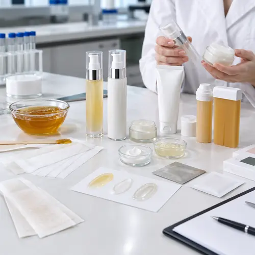 Hair inhibitor serum and post-depilation care samples reviewed beside hair-removal packaging in a cosmetic laboratory
