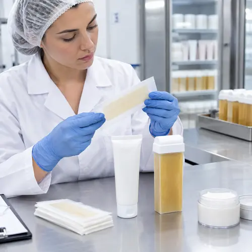 Quality inspection of wax strips, depilatory cream packaging, and a roll-on wax cartridge after temperature storage