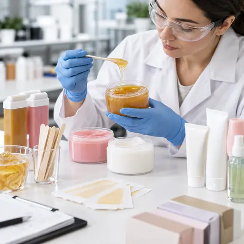 Hair-removal lab technician reviewing wax texture and depilatory cream samples