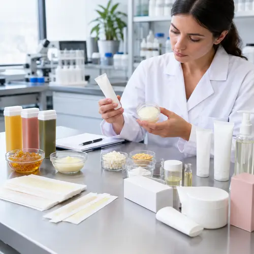 Chemist reviewing facial wax strips and depilatory cream samples for a private label hair removal range