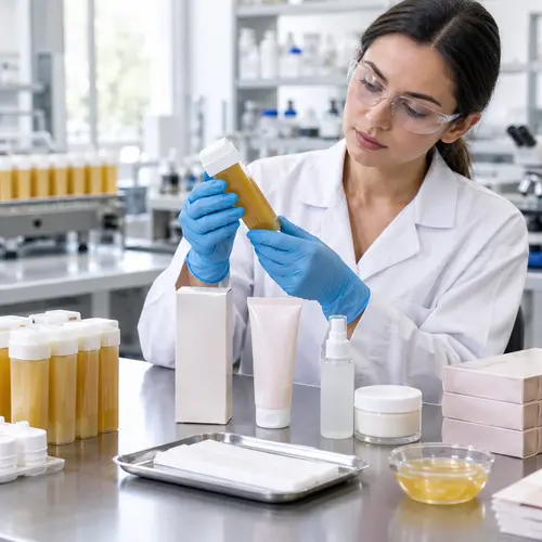 Quality technician checking roll-on wax cartridge leakage and aftercare package compatibility