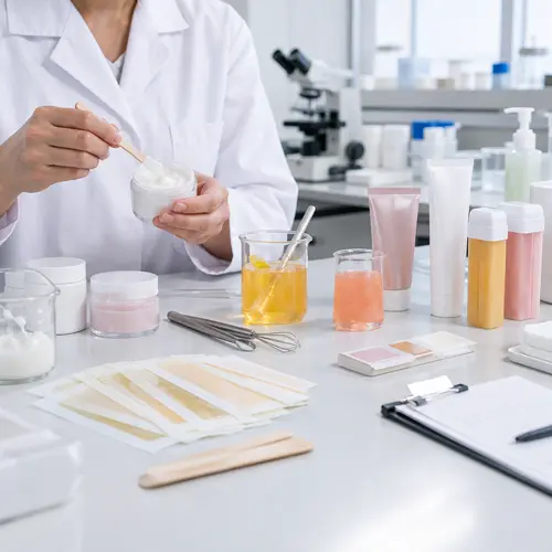 Depilatory cream sample review beside labeled hair-removal packaging in a laboratory