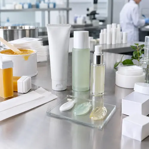 Depilatory cream, aftercare lotion, and hair inhibitor serum samples reviewed on a laboratory bench