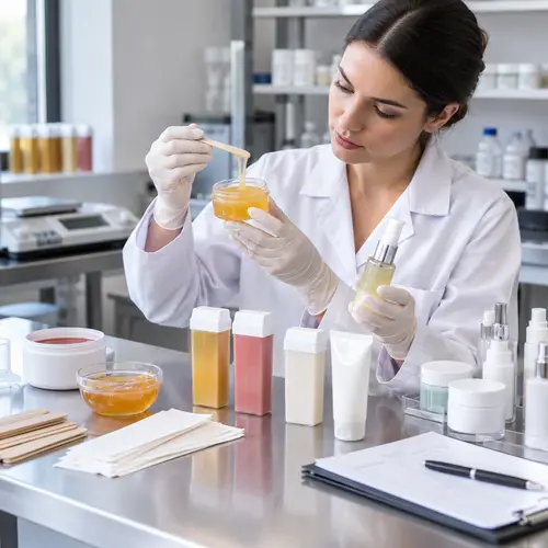 Hair-removal lab technician checking wax texture and serum viscosity in primary packaging